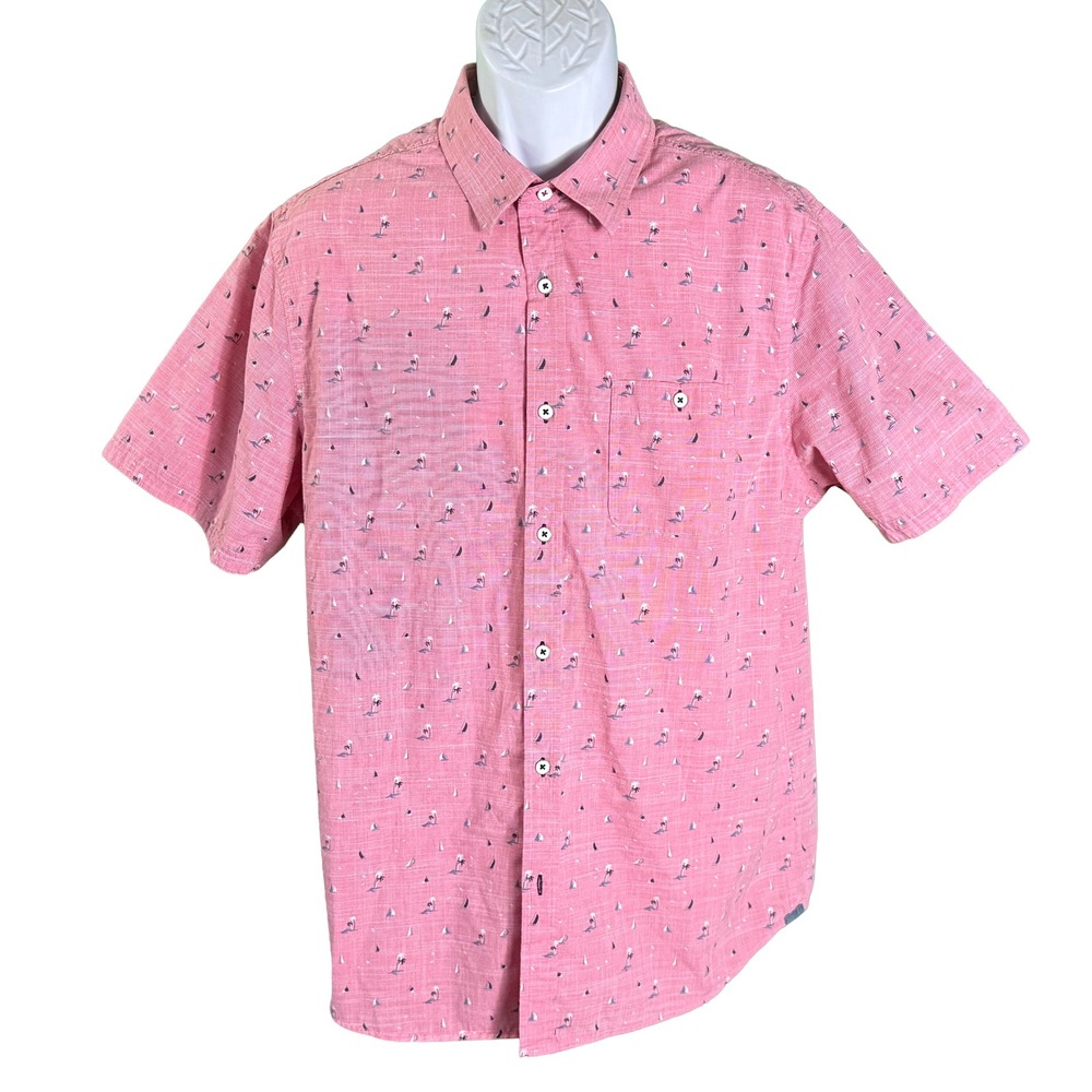 Flag & Anthem Button Down Shirt Mens Large Pink Sailboat Palm Tree Short Sleeve